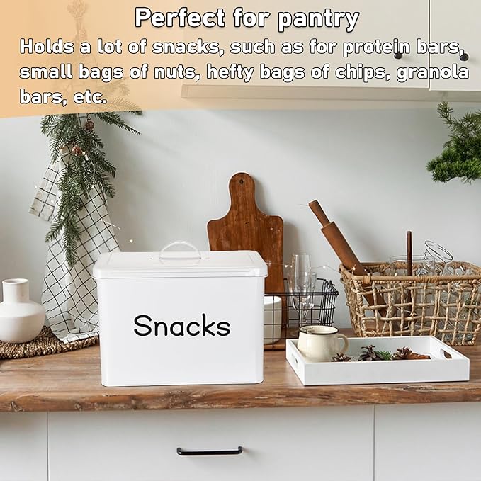BSTKEY Snack Bin for Countertop, White Metal Snack Organizer for Pantry Kitchen, Rustic Snack Storage Container for Chips Candy Pretzels Cookies Popcorn