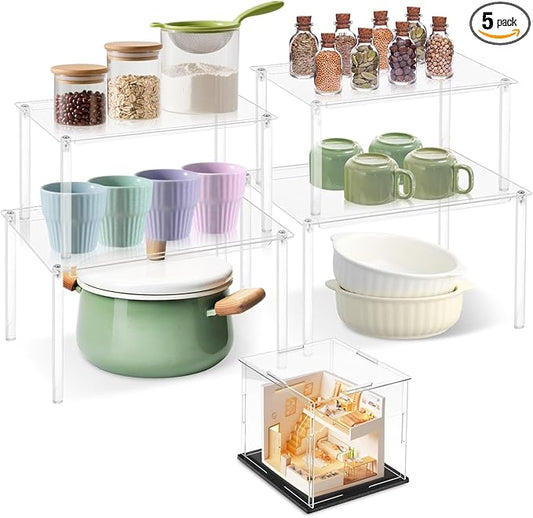 Clear Cabinet Organizer, 4 Pack Acrylic Cabinet Organizer and 1PC Acrylic Display Box, Stackable Spice Rack Organizer Shelf for Kitchen Dishes, Spices, Soda Cans and Bottles