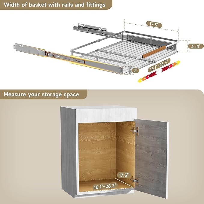 1 Pack Expandable Pull Out Cabinet Organizer，Side Mounting 16.3~26.3"x17.3"Cabinet Pull Out Shelves, Expandable Slide Out Spice Rack for Kitchen Bathroom Office