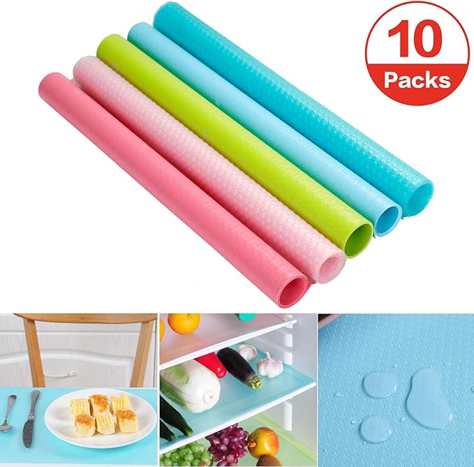 Winshall 10 Pack Refrigerator Mats, Washable Fridge Liners - Easy to Clean, Non-Slip, BPA-Free, Colorful, EVA Material, Slip Resistant Refrigerator Shelf Liners & Drawer Liner