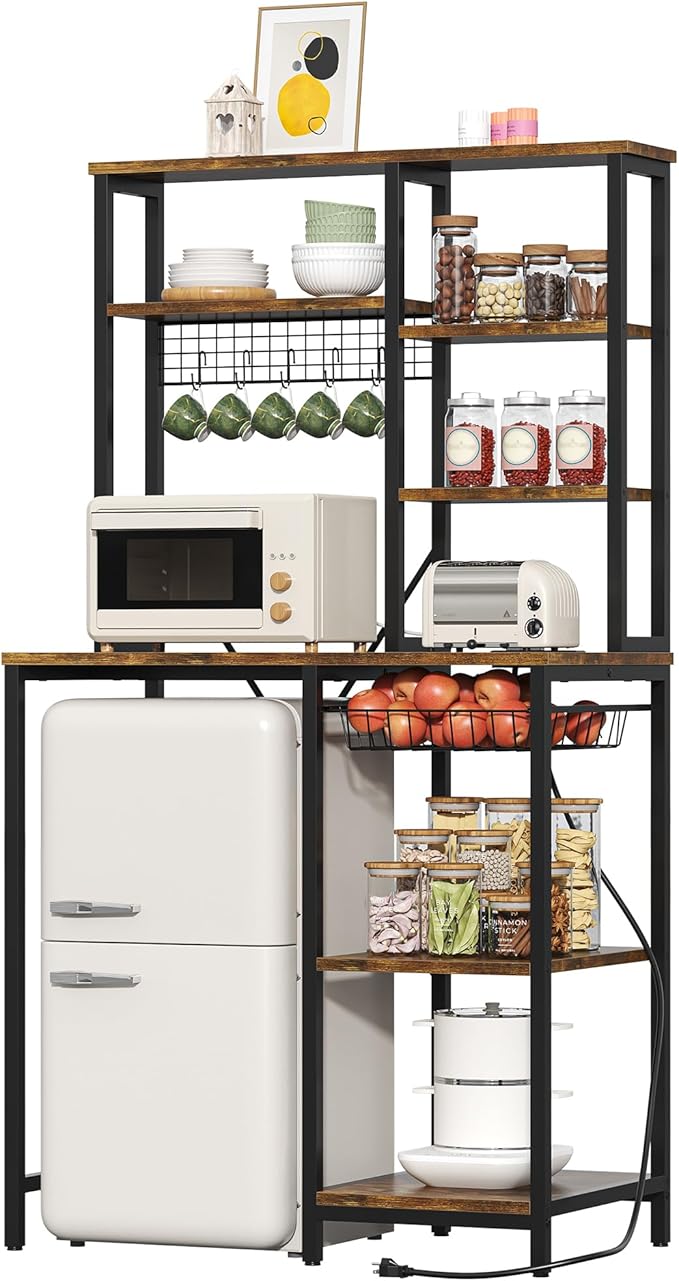 Mini Fridge Stand with Storage, Microwave and Coffee Bar Organizer with Power Outlet, Bakers Rack Storage Shelves for Kitchen Appliances, Perfect for Dorm Kitchen Coffee Bar, Vintage Brown