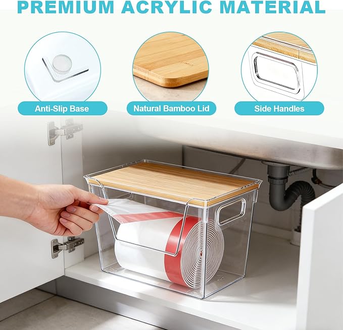 2 Pack Trash Bag Holder Dispenser - Garbage Bag Dispenser Under Sink, Acrylic Trash Bags Container Organizer Roll Holder, Clear Stackable Kitchen Under Sink Storage Organizer