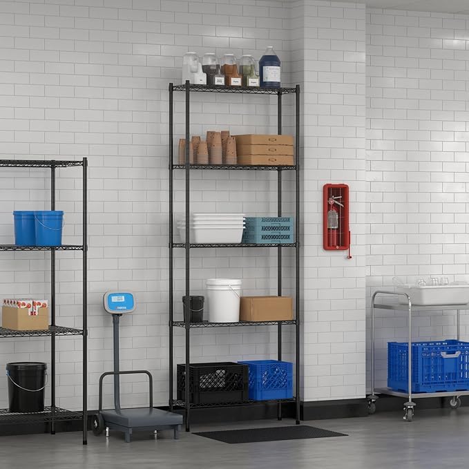Commercial NSF Listed Black Epoxy Stationary Wire Shelving Kit 12" x 36" x 96", with 5 Shelves Perfect for Warehouse, Walk-in Refrigerator, Freezer, Grocery Store, Restaurant, Dishroom