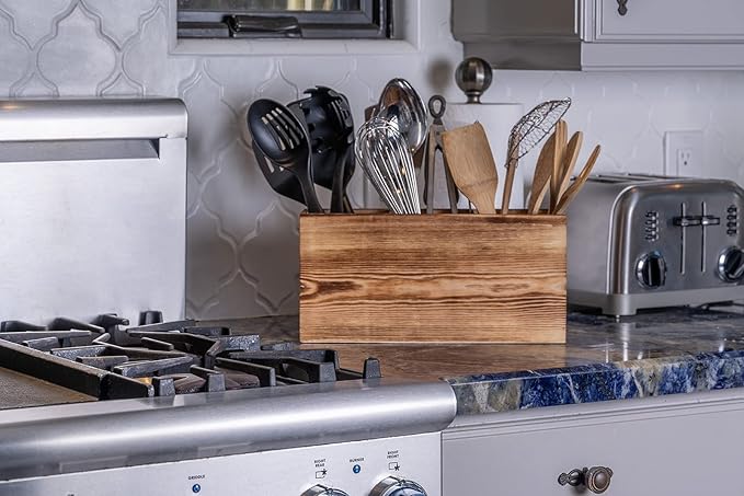 Wood Utensil Holder Organizer for Counter - Large Wooden Utensil Caddy for Countertop - 3 Compartment Cooking Tool Storage for Spatula - Farmhouse Kitchen Decor and Accessories