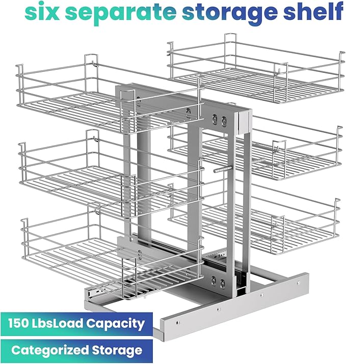 15" W Blind Corner Cabinet Pull Out Organizer, 3 Tier 6-Basket Sliding Cabinet Shelves, Slide Out Storage, Corner Cabinets Shelf for Blind Corner Kitchen/Bathroom Cabinets, Easy to Install&Maintain