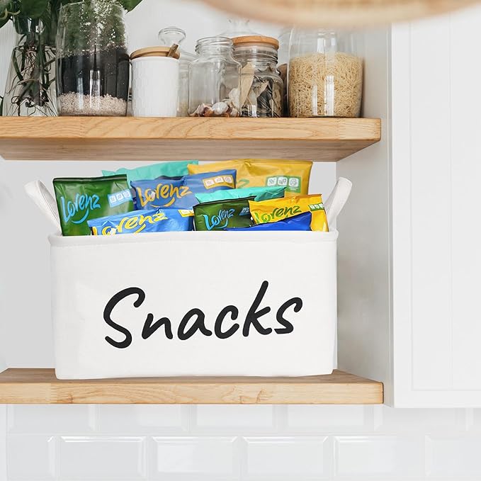 Snack Bin for Pantry - Snack Storage Basket Organizer for Storing Chips, Cookies, Pretzels, Popcorn and more - Kitchen Organization (White 1pcs)