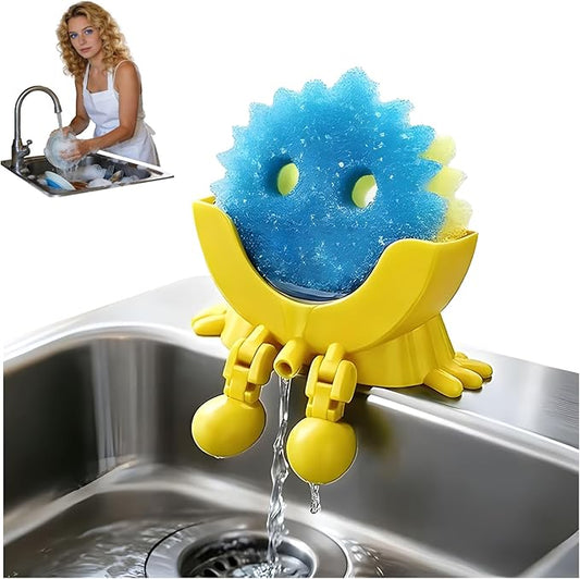 Peeing Scrub Sponge Holder, Sponge Holder for Kitchen Sink,Sink Caddy Smiley Face, 4-in-1 Sponge Holder for Holding Soap, Brush, ScrubberSponge,Stopper (Yellow)