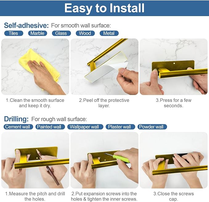 Paper Towel Holder Under Cabinet, Upgraded Adhesive Paper Towel Holder Wall Mount for Kitchen, Bathroom, RV, Bend-Resistant, Self-Adhesive or Drill mounting, Stainless Steel, Gold