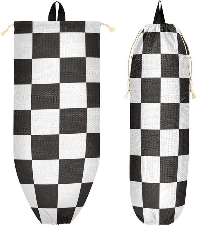 Plastic Bag Holder Wall Mount Grocery Bag Shopping Bag Storage Holder Organizer Dispenser with Adhesive Hook,for Kitchen Bathroom Home Decor 9x22 Inches Checkered Black and White02