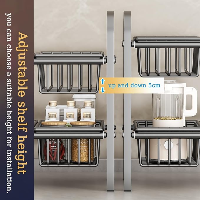 Extendable Under Sink Storage, Kitchen Shelf Organiser, 2-Tier Adjustable Under Sink Bathroom Cabinet Multifunctional Storage Rack for Bathroom Cabinet