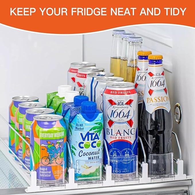 Drink Organizer for Fridge, Soda Can Automatic Dispenser for Refrigerator, Self Pushing Glide Beverage thruster, 4 Row White