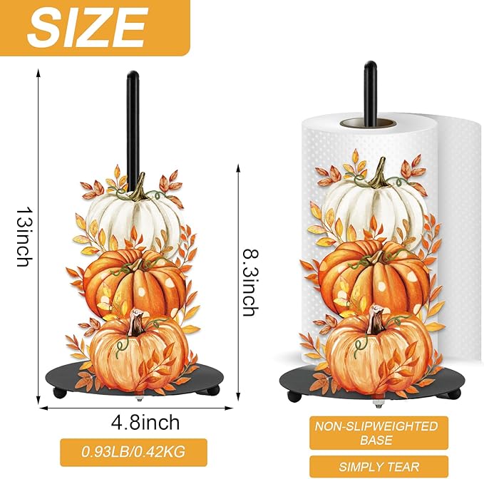 JarThenaAMCS Fall Paper Towel Holder Watercolor Pumpkin Kitchen Decor Accessories Large Metal Towel Holder Stand for Autumn Thanksgiving Home Party Bathroom Countertop