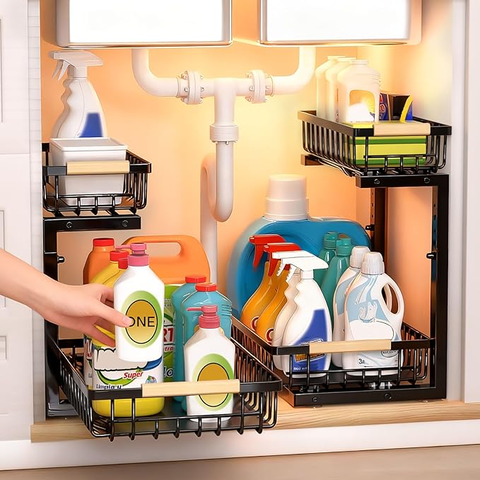 ZELOREA Under Sink Organizer, 2 Tier Pull Out Under-Sink Shelves, Adjustable Height (13.8" -16.9"), Sturdy Metal Storage Organizer for Bathroom Kitchen Pantry Cabinet (2 Packs, Black)