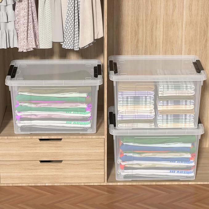 Parlynies 4-Pack Holiday Tote, Plastic Storage Organizer Bins with Wheels, 50 L, Clear, Stackable Organizing Containers for Home, Garage, and Office