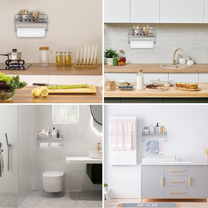 Stainless Steel 2 in 1 Paper Towel Rack Basket with Shelf - Spice Rack & Self Adhesive Paper Towel Holder
