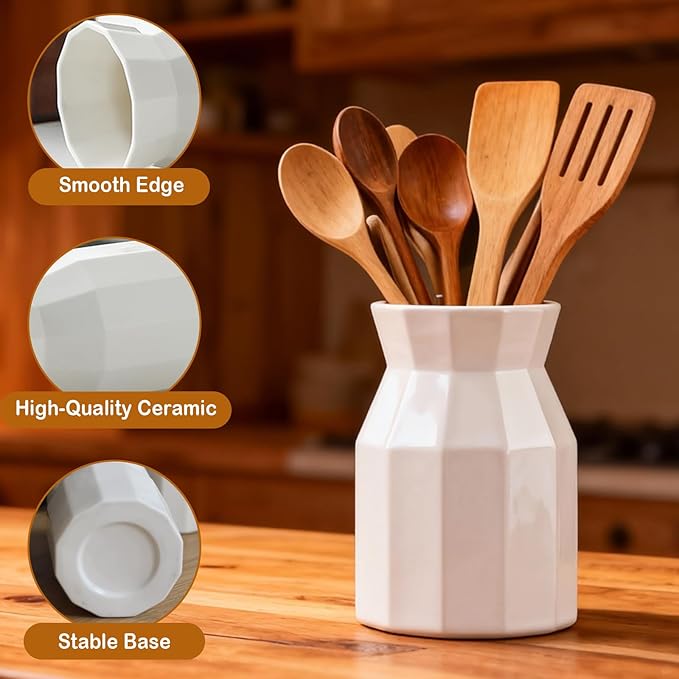 Ceramic Kitchen Utensil Holder for Countertop, Easy-to-Clean Crock for Spoons, Spatulas & Cooking Tools, Farmhouse Kitchen Decor