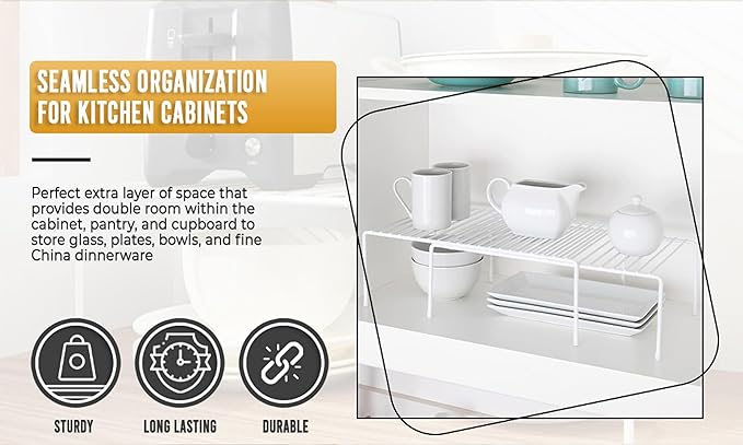 YBM HOME White Wire Cabinet Helper Shelf Organizer and Storage Rack Helper for Kitchen, Expandable Kitchen Counter and Cabinet Shelf (1, 16" L x 9.75" W x 5.5" H)