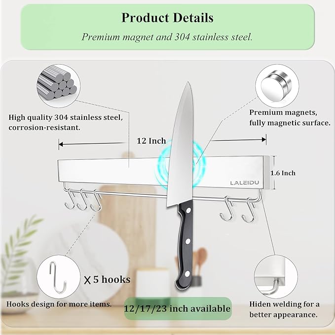Magnetic Knife Holder for wall, 12 Inch Knife Magnetic Strip with 5 Hooks, Stainless Steel Knife Holder Magnet Rack for Kitchen Organizer, Mount with Adhesive or Screws