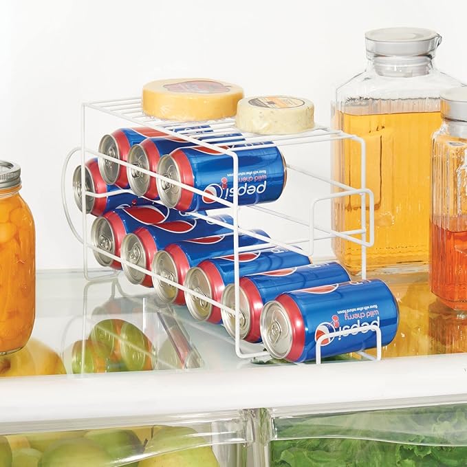 mDesign 2-Tier Metal Wire Standing Pop/Soda and Food Can Dispenser Storage Rack Organizer with Top Shelf for Kitchen Pantry, Countertop, Cabinet - Holds 12 Cans - 2 Pack - White