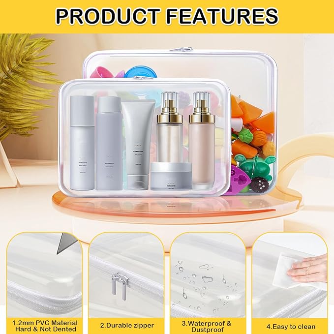 AOBOPLE Clear Hard Shell Zipper Case,2PCS M+L(9.8"x7.87"+8.66"x6.1") Large Toy Storage Bags,Plastic Transparent Hard Zipper Case Travel Waterproof Organizer Bags for Puzzles,Board Game,Cosmetics