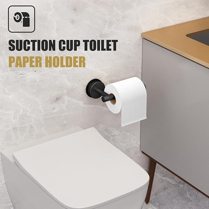 BKV Suction Cup Toilet Paper Holder,SUS 304 Stainless Steel Toilet Paper Holder Wall Mount for Bathroom,Kitchen-Matte Black