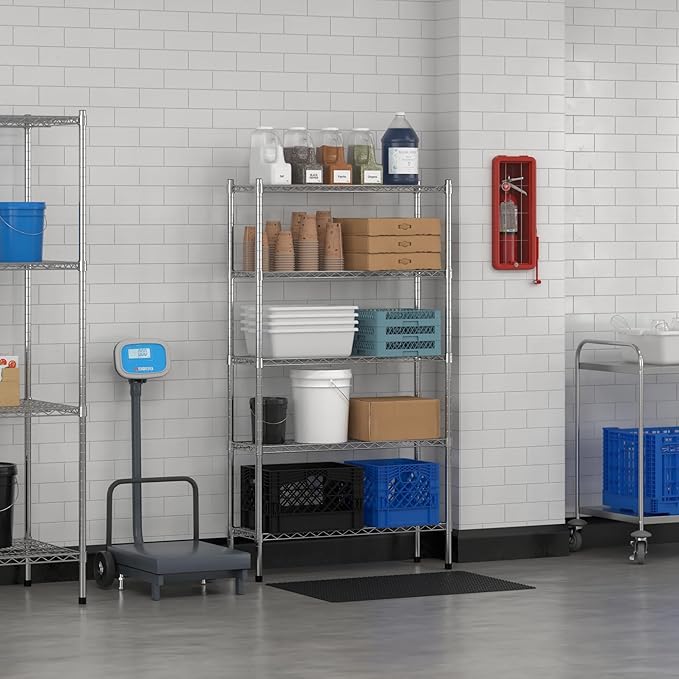 Commercial NSF Listed Chrome Stationary Wire Shelving Kit 12" x 36" x 64", with 5 Shelves Perfect for Warehouse, Walk-in Refrigerator, Freezer, Grocery Store, Restaurant, Dishroom