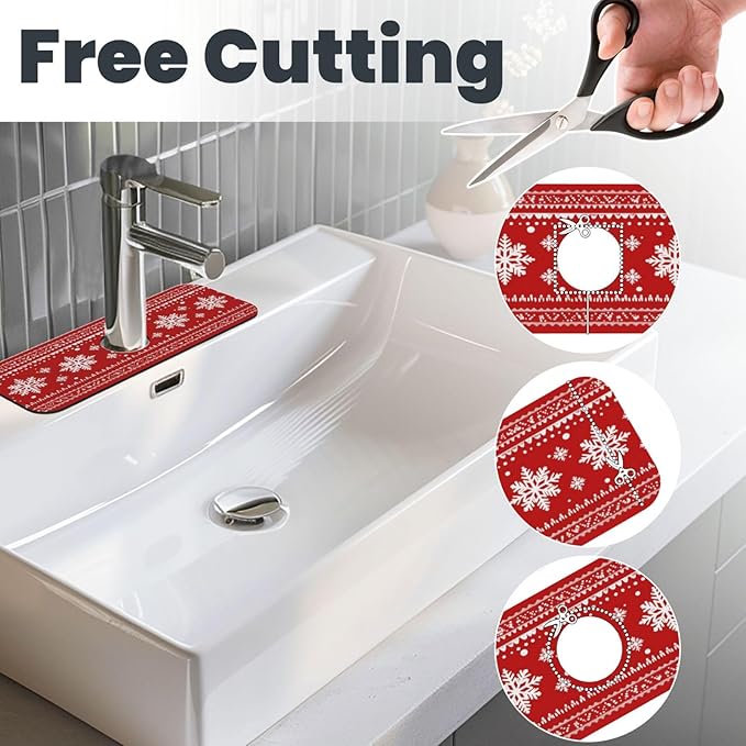 Sink Faucet Mat Red Winter Snowflake Kitchen Splash Guard Absorbent Bathroom Sink Mat Around Faucet 15" x 5.5" Drying Mats Stone Draining Mat