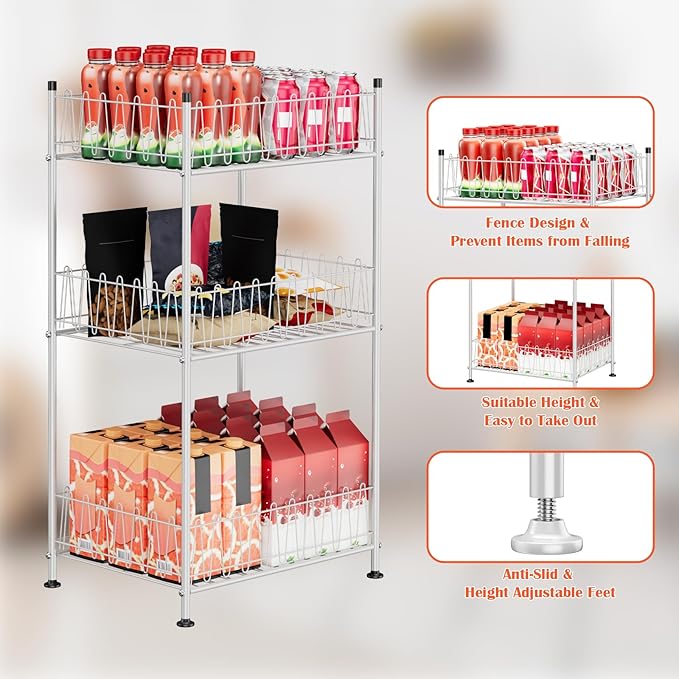 ETELI Water Bottle Storage Organizer 3 Tier Freestanding Water Bottle Holder Rack Stand Metal Drink Soda Can Organizer Beverage Shelf for Floor Pantry Kitchen Food Storage, Silver