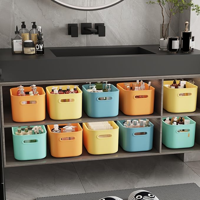 12 Pack Colorful Plastic Storage Bins, Storage Container for Organizing, Colored Storage Boxes with Handle for Shelves, Cute Organizer Bins for Craft, Snacks, Cabinet, 9.69x6.7x5.7 inch