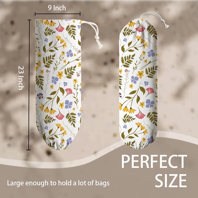Weeds Plastic Bag Holder, Reusable Washable Shopping Bags Storage Carrier, Floral Fabric Garbage Trash Bag Dispenser for Home Kitchen Pantry Cabinet, Wall Mount, Kitchen Housewarming Gifts