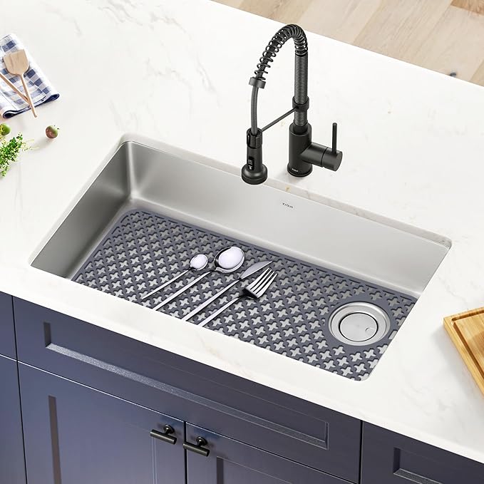 Flytime Silicone Kitchen Sink Protector Mat with Right & Left Drain, 28.35"x 14.37" Kitchen Snk Grid Accessory, Non-Slip Folding Heat-Resistant Mat for Bottom of Farmhouse Stainless Steel