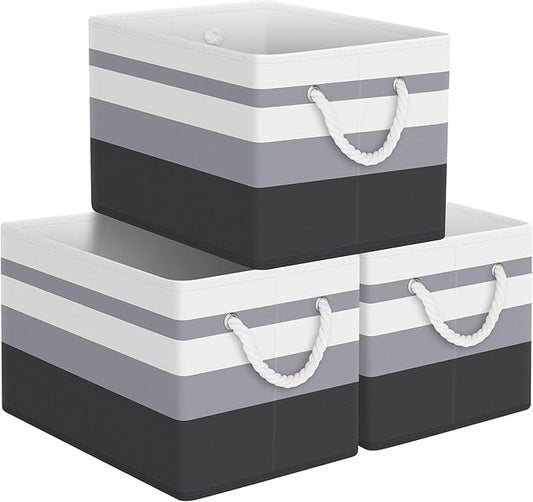 Storage Bin,Collapsible Storage Basket For Organizing,Large Storage Boxes With Rope Handles,Storage Containers,Gradient Grey,3 Pack