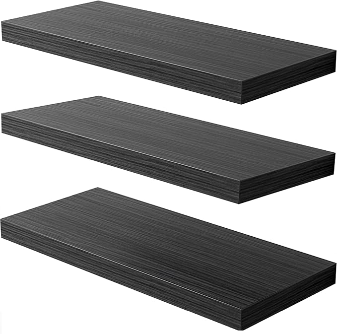 JPND Floating Shelf, Set of 3 Wall Shelf, 36 in W x 12.75 in D x 2 in H Wooden Floating Wall Shelf with Invisible Brackets for Living Room/Bedroom/Bathroom/Kitchen Storage and Decor, Black Wood