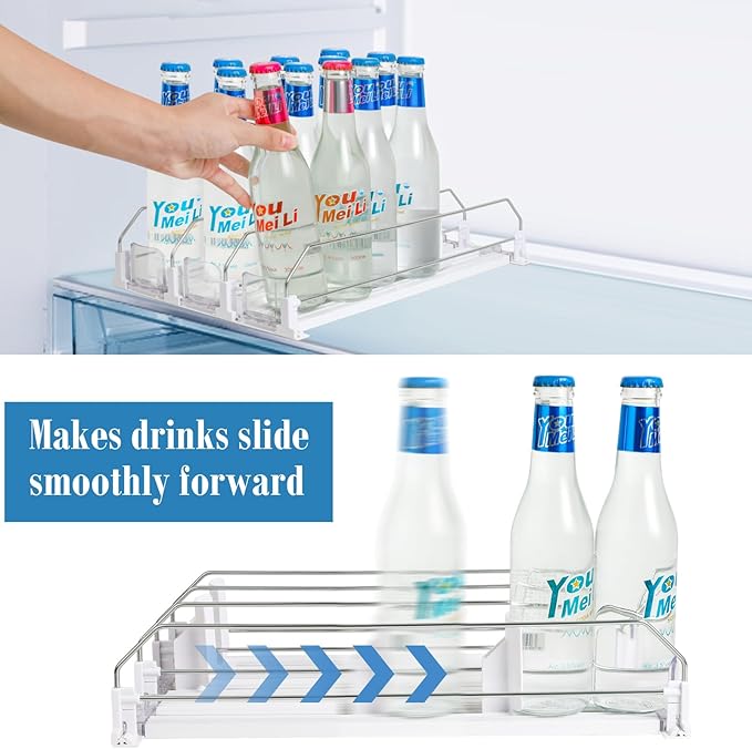 Drink Organizer for Fridge, Adjustable Width Soda Can Dispenser for Refrigerator Organizers and Storage, 3 Rows Beer Bottle Beverage Holder with Pusher Glide (14.96" D, White)