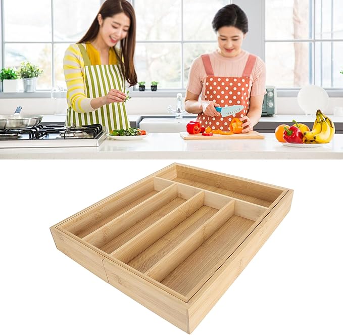 Kitchen Silverware Organizer Expandable for Cutlery and Utensils, Adjustable Wood Utensil Storage Cutlery Tray for Drawers, Kitchen Drawer Organizer Utensil Holder Makeup Organizer with(7 Slots B)