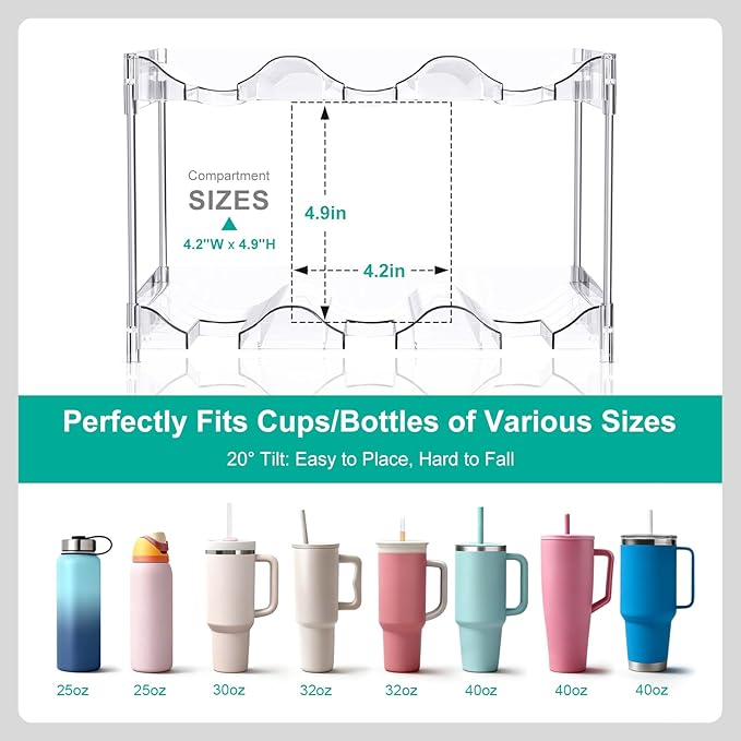Reusable Stackable with Handle Compartment Water Bottle Tumbler Organizer for Stanley 40oz with Handle Cup, Stanley Accessories for Pantry, Cabinet & Kitchen Organization and Storage,2 Tier Hold 6