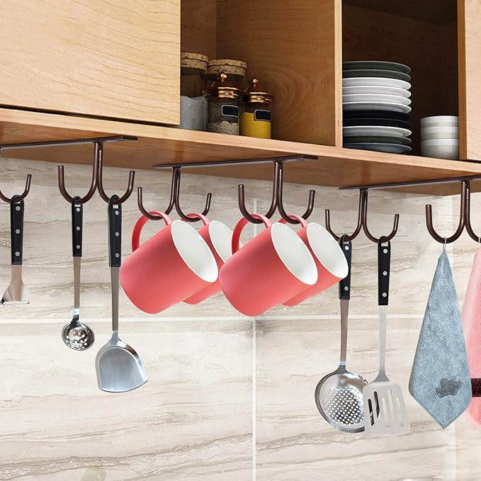 MOCOUM Under Cabinet Mug Rack, Rustic Mug Organizer Rack Cup Holder Under Shelf 12 Hanging Hooks Rack for Mugs, Coffee Cups and Kitchen Utensils Display (Brown-3 Pack-12 Hooks)