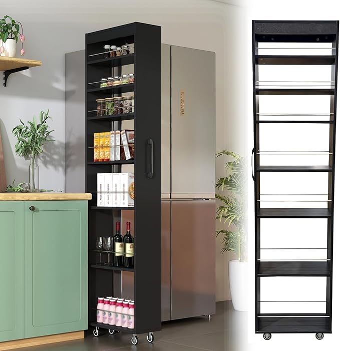 Domesto 7 Tier Slim Storage Cart, Rolling Spice Rack Next to Fridge Slim, Wooden Narrow Buffet Server Storage Shelf Freestanding Shelves Units, for Living Room & Narrow Spaces (Black with Wheels)