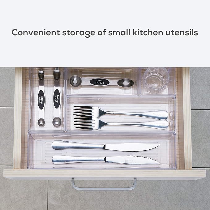 14 PCS Clear Plastic Drawer Organizer Tray for Makeup, Kitchen Utensils, Jewelries and Gadgets