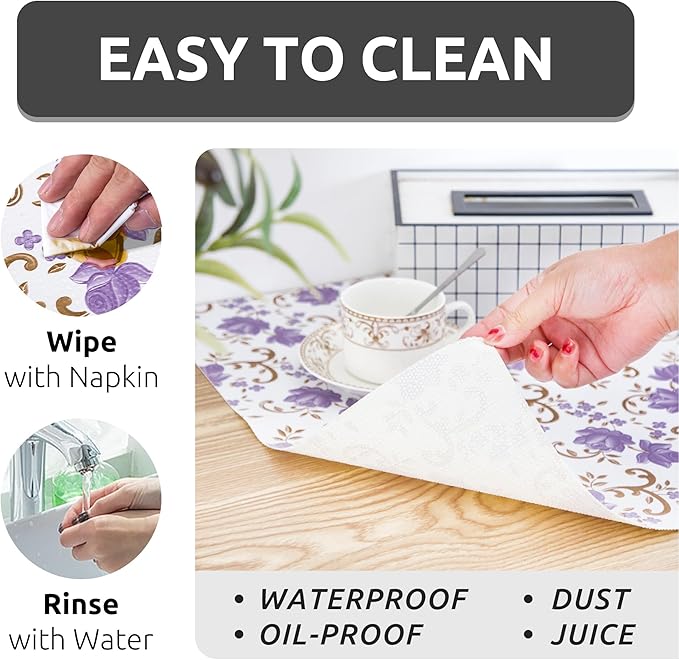 12X120 Inch Shelf Liner for Kitchen Cabinets, PVC Drawer Liner for Dresser Non-Slip Bathroom, Non-Adhesive Cabinet Liner Washable (Purple Floral)(4 Roll)