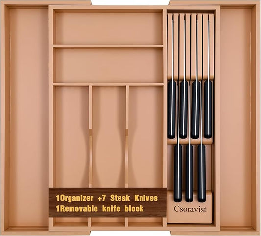 9-Piece Bamboo Kitchen Drawer Organizer Set, Expandable Silverware &Utensil Organizer with Removable Knife Block & Steak Knives, Flatware Organization, Tableware Dividers Storage(Brown)
