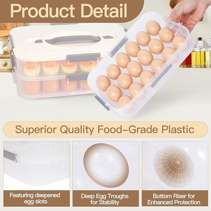 2-Layer Deviled Egg Containers With Lid,36pcs Deviled Egg Tray Carrier with Handl Injector Piping Tool,Portable Stackable Egg Holder Platter Holder Organizer for Refrigerator Party Picnic Travel Event