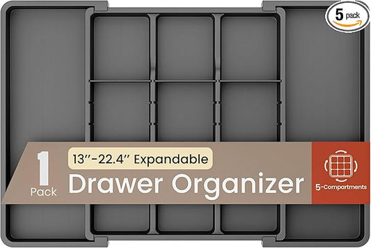 Black Expandable Utensil Drawer Organizer 1 Pack, Adjustable 13” to 22.4”, 5 Compartment Silverware Organizer for Kitchen Utensils, Spatulas, Cutlery, and Tools, Easy to Clean, Durable, and BPA-Free