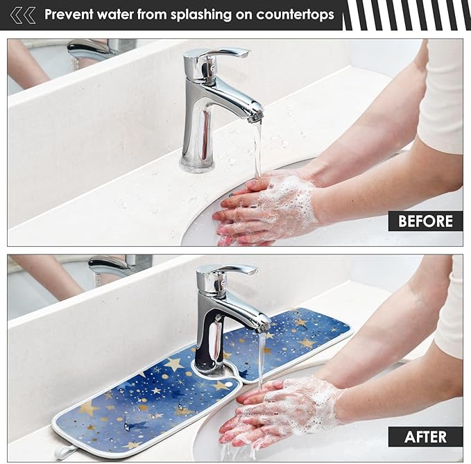 2 PCS Kitchen Sink Splash Guard 23.6 Inch Faucet Mat for Kitchen Sink Bathroom Sink Faucet Absorbing Drip Drain Mat Pad Microfiber Soft Washable Black and Blue Stars