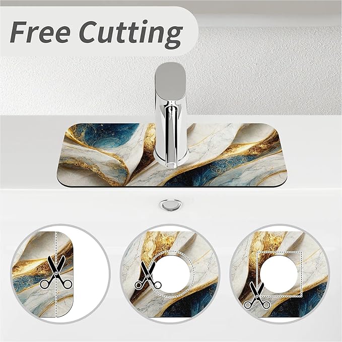 Kitchen Sink Splash Guard，Abstract Blue gold white marble Faucet Mat Sink Gadgets-Super Absorbent Fast Drying Mat Drip Catcher for Kitchen, Bathroom,Sink Mat, Dish Drying Mat, Bathroom(15" X 5.5" )