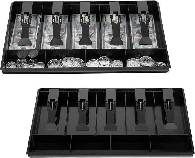 2 Pcs Cash Register Drawer Insert Tray Organizer with 5 Bill/4 Coin Compartments for Money Storage, Black