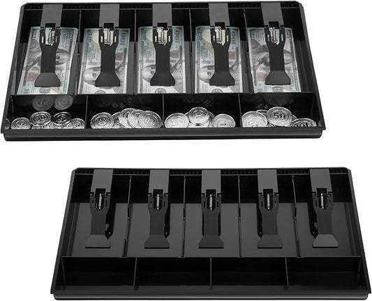 2 Pcs Cash Register Drawer Insert Tray Organizer with 5 Bill/4 Coin Compartments for Money Storage, Black