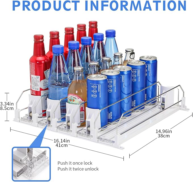 Drink Organizer for Fridge，adjustable soda can and bottled beverage dispenser,automatic sliding , soda can organizer，Holds up to 25 Cans，5 Row