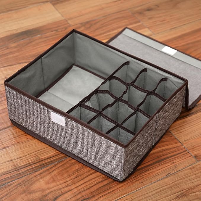 FACELESS Cotton and Linen Fabric Storage Box, Foldable with Lid, Dust-Proof, Drawer Style Partition, Underwear and Socks Storage (Grey+Beige-(13 grids), 12.6X9.84X4.72 IN)