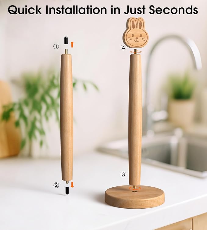 KitchLife Cute Wooden Paper Towel Holder Countertop - Solid Freestanding Paper Towel Dispenser Stand Organizer with Anti-Skid Base (Rabbit)